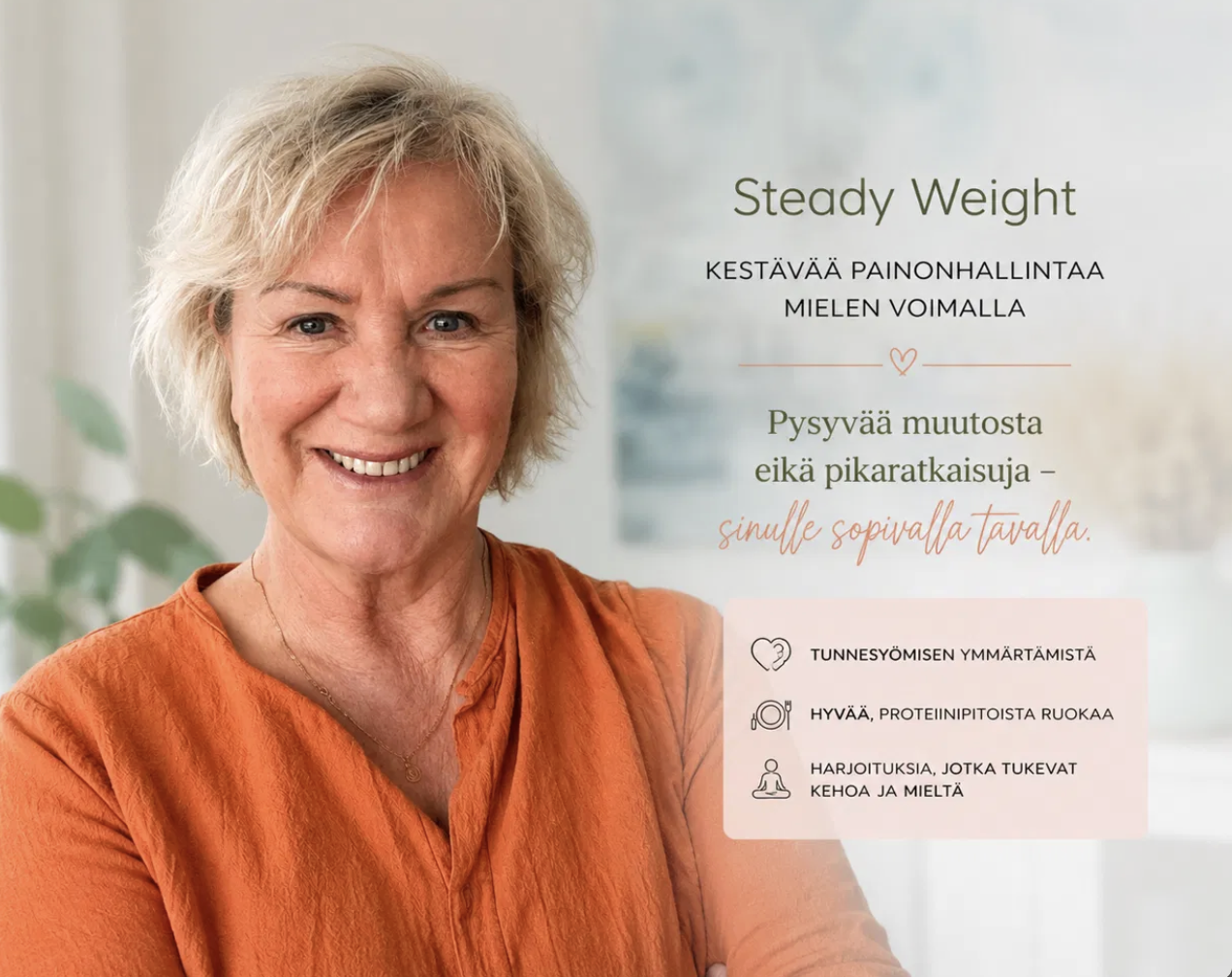 SW – Steady Weight -ohjelman banneri: ohjelman kehittäjä Taina Tuomikorpi hymyilee kuvan vasemmassa reunassa, oikealla ohjelman nimi ja tiedot.